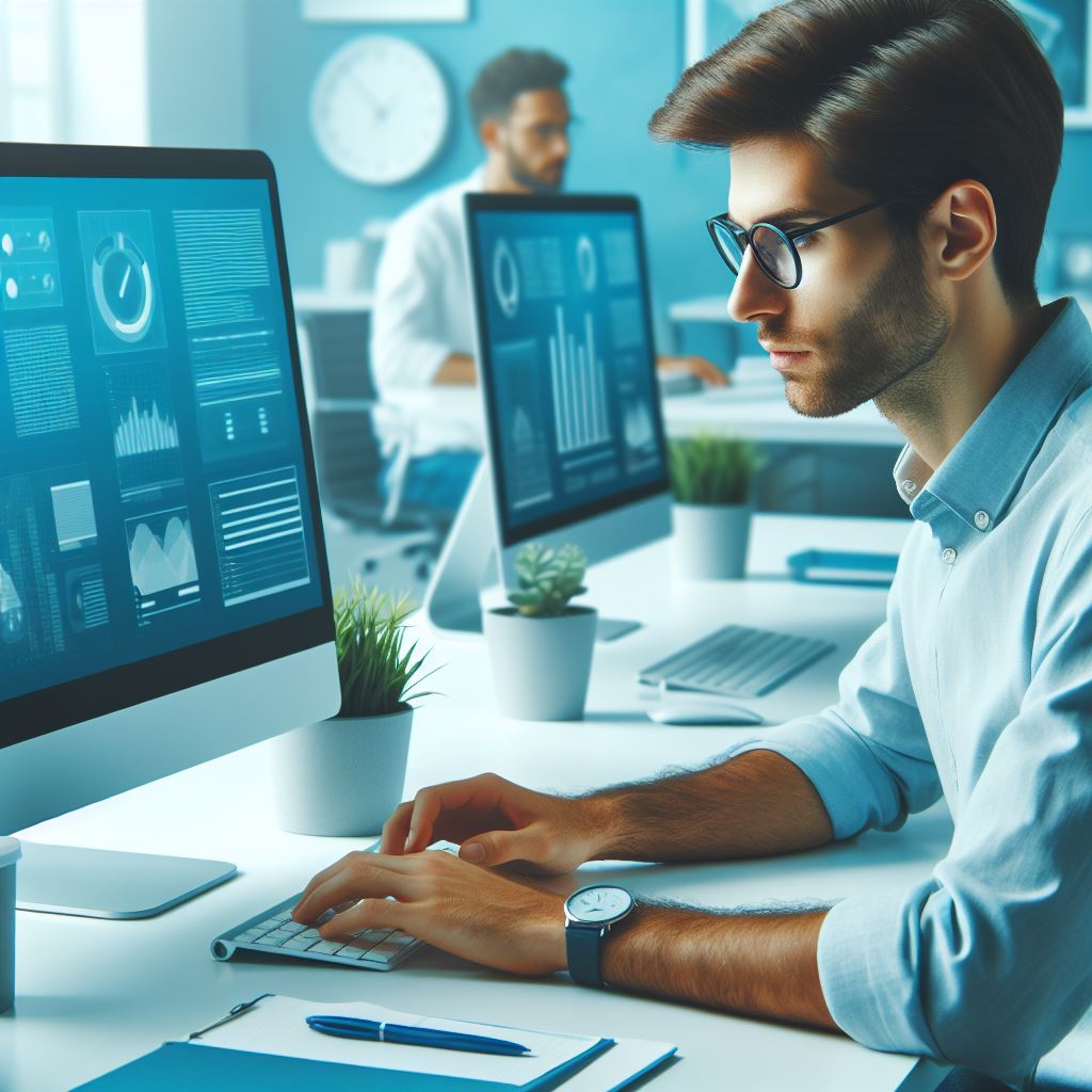 hombre joven con lentes frente a un mac, en una oficina